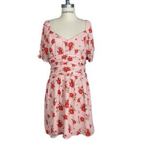 Collective Concepts Womens Size Large Smocked Mini Dress Pink Floral Puff Sleeve